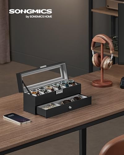 SONGMICS 6-Slot Watch Box, Lockable with Glass Lid, 2 Layers Watch Case - Image 2