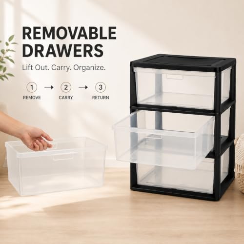Plastic Storage Drawers, 3 Drawer Tower with Clear Removable Bins, Black - Image 4