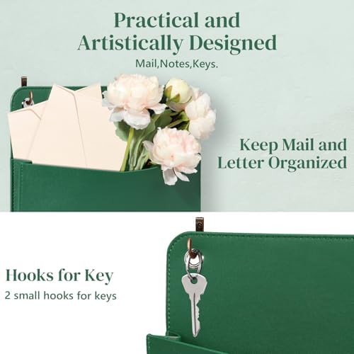 3 PCS Wall Mount PU Leather Mail Holder Green Faux Leather Letter Holder Stylish Wall Hanging Mail Storage 2 Ring Wall Mail Organizer for Flowers Envelope Key Notebooks Home Office Decor - Image 5