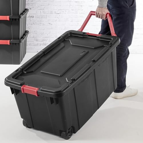40 Gallon Extra Large Rolling Storage Bins 2-Pack, Black Heavy-Duty Plastic with Pivoting Handle & Leak-Resistant Lid, for Garage Warehouse Industrial Storage - Image 6