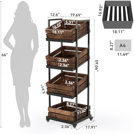 LITTLE TREE 4-Tier Basket Stand with Locked Wheels, Mobile Fruit and Vegetable Storage, Floor Stand Rack, Utility Shelf, for Kitchen, Living Room, Pantry (Rustic Brown, 2) - Image 3
