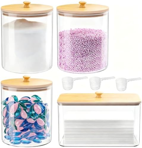 HomePekite Glass Laundry Pods Storage Container & Acrylic Dryer Sheet Holder, Laundry Room Organization and Storage, Detergent Powder Container, with Wooden Lids & Labels, 3+1 Pack by Unknown