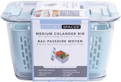 Kitchen Spaces Colander Bin, Produce Saver, Fridge Organizer With Lid, Wash, Strain and Store, Great for Refrigerator, Freezer and Pantry, Medium, Blue, Pack of 1 by KitchenSpaces
