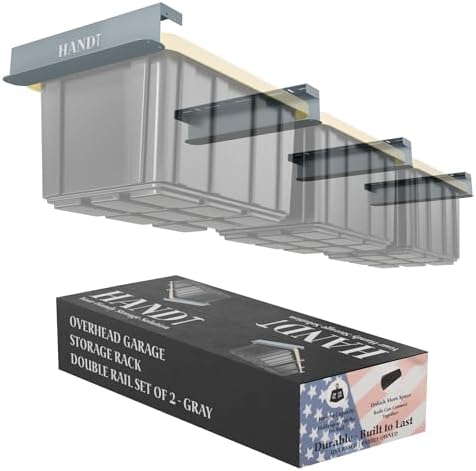 USA Based Overhead Garage Storage Rack, Connectable Heavy Duty Metal Ceiling Rails Garage Storage Organization Shelving System, Hanging Racks Tote Containers, Supports Up To 3 Bins, 2 Sets Gray by HANDT