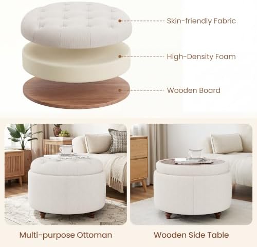 25" Round Ottoman with Storage, Small Coffee Table with Reversible Tray Lid - Image 6