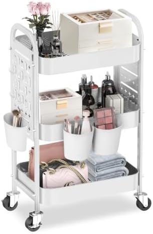 ALVOROG 3 Tier Metal Rolling Utility Cart with Pegboards,Baskets,Hook,White by ALVOROG