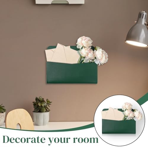 3 PCS Wall Mount PU Leather Mail Holder Green Faux Leather Letter Holder Stylish Wall Hanging Mail Storage 2 Ring Wall Mail Organizer for Flowers Envelope Key Notebooks Home Office Decor - Image 6