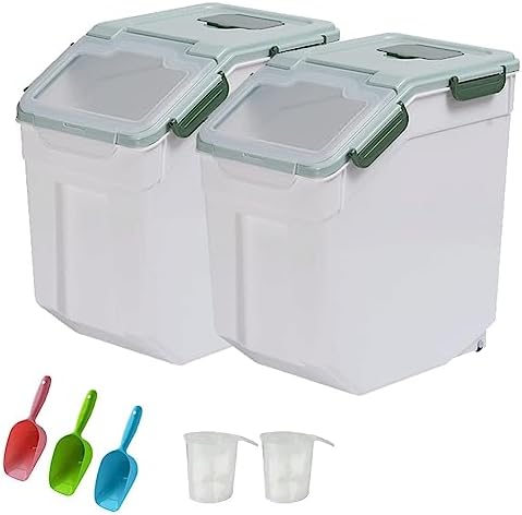 25LB Large Flour Storage Container Bin ,2 Pack Airtight Plastic with Wheels Seal Locking Lid Dispenser Organizer Storage Bin with Measuring Cup & Scoop for Flour, Rice, Grain 50LBS Total by YXQ
