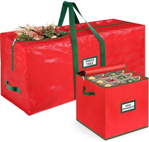 StorageRight Christmas Tree Bag & Ornament Storage Box Set, Water-Resistant 7.5 Ft Tree Storage & 64-Compartment Organizer with Dividers, Tag Pockets & Handles, Heavy-Duty Xmas Decor Containers, Red by StorageRight