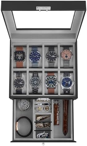 SONGMICS 8-Slot Watch Box, Lockable with Glass Lid, 2 Layers Watch Case by SONGMICS