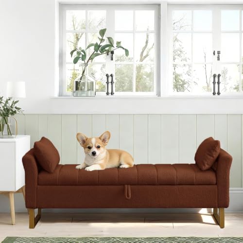 66" Storage Bench for Bedroom Upholstered End of Bed Bench King Size Brown - Image 6
