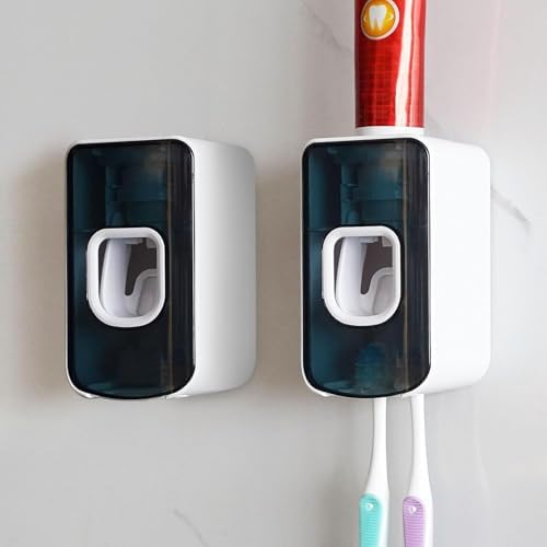 2 Slot Toothbrush Holder and Toothpaste Dispenser Wall Mounted, Automatic Toothpaste Squeezer, 2 in 1 Tooth Brush Toothpaste Organizer for Shower (Blue 2Pack) by LUEXBOX