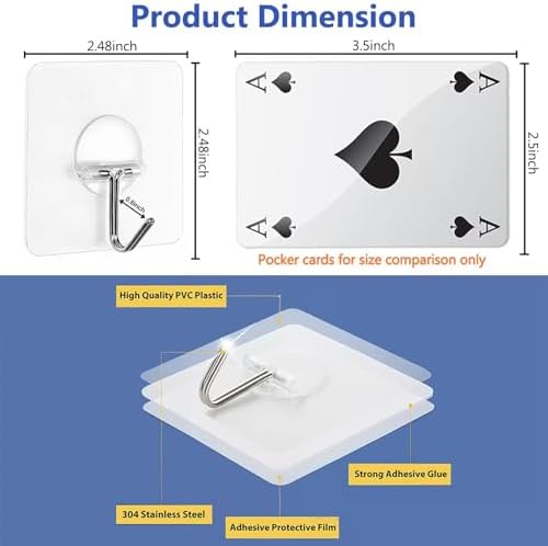 Adhesive Wall Hooks No Drill Clear Heavy Duty, 13LB Sticky 12 Pack - Image 3
