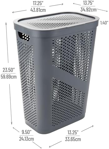 Mind Reader 60L Slim Laundry Hamper, Clothes Basket, Lid, Ventilated, Plastic, Set of 2, Gray - Image 3