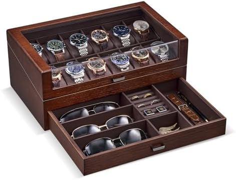 ProCase High End Wooden Watch Box for Men, 2-Layer Wood Watch Display Case Men's Jewelry Organizer Box with Drawer -12 Slot, Walnut by ProCase