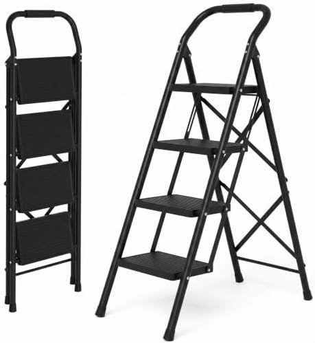 4 Step Ladder Folding 330lbs Anti Slip，Foldable Ergonomic with Wide Pedal for Home, Kitchen, Offic Matte Black by Unknown
