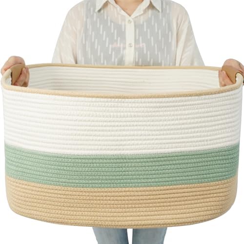 danpinera Large Woven Basket, 108L Rectangular Woven Storage Basket with Leather Handles, Stylish Organizer Bin for Home, Office, Laundry, Toys, or Blankets, 25’’*16’’*16’’ White & Green & Jute by danpinera