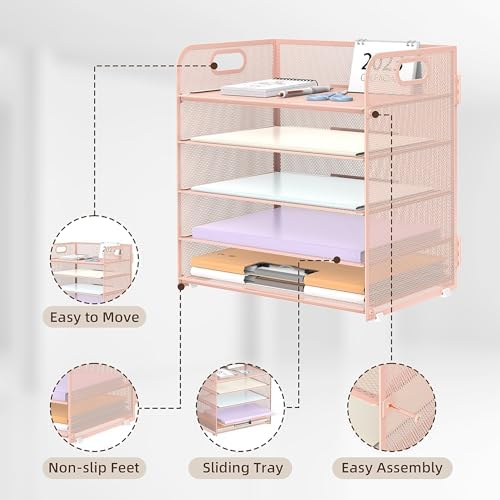 SUPEASY 2 Pack 5-Tier Pink Desk Organizer with Handle Mesh Desk File/Paper Organizer Letter Tray for Office, School and Home Easy Installation, Rosepink - Image 3