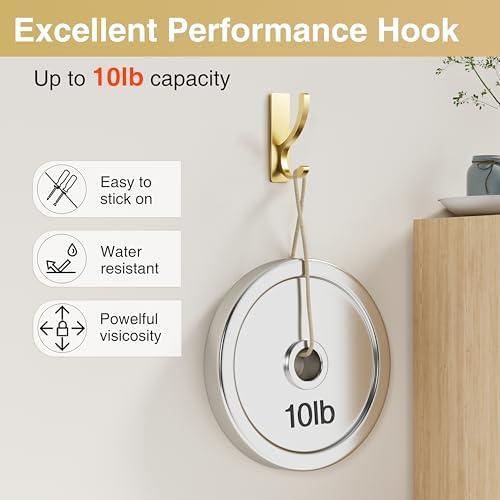 pickpiff Adhesive Wall Hooks for Coat/Towel, Hold 13LB, Gold 10 Pack - Image 6