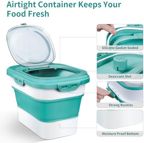 Komzon Rice Storage Container, Collapsible Airtight Food Storage Containers 6-20 Lbs, Rice Dispenser with Measuring Cup and Small Bin for Flour Cereal Pasta Grain, Cat Pet Dog Bird Food Container - Image 4
