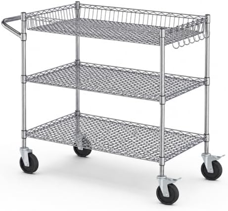 Our Modern Space 3 Tier Heavy Duty Wire Commercial Grade Rolling Cart with Wheels | Rolling Shelving Unit | Metal Utility Serving Cart with Shelves & Organizer Racks for Kitchen Bar Garage Office by OurModernSpace