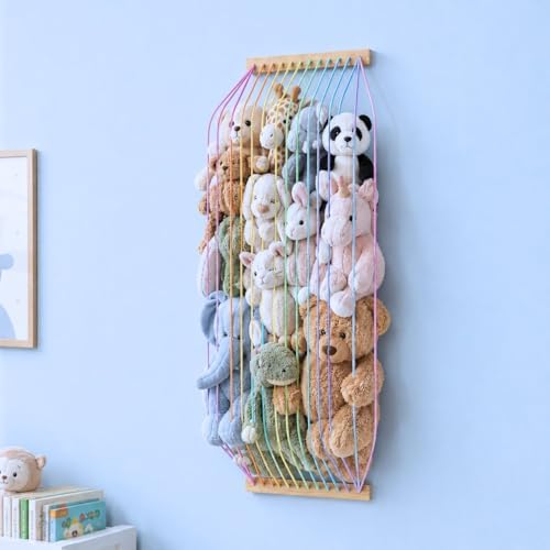 Stuffed Animal Storage Wood Soft Toy Organizer for Kids Room，Cute and Durable Wall or Door Mount Length Adjustable Hanging Stuffed Animal Toy Organizer Shelf for Nursery Play Room Rainbow -Patent by VOMELON