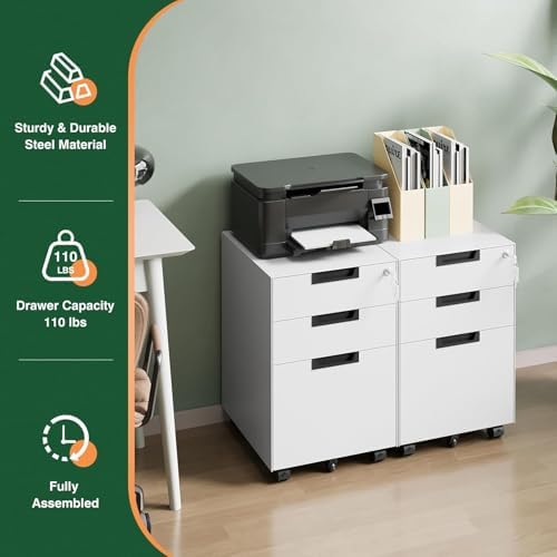 Letaya 3 Drawer Mobile File Cabinet with Lock,Under Desk Metal Small Filing Cabinets for Home Office Organizer Letters/Legal/A4(Fully Assembled Except Wheels-White) - Image 5