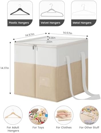 2-Pack Rigid Clothes Hanger Organizer Bag with Dust-Proof Lid, Hanger Storage Holder with Support Boards, Large Capacity Clothes Storage Containers with Handle for Laundry-Beige/Linen - Image 3