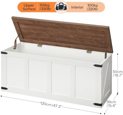 HOOBRO 47.2”Storage Bench Large, Toy Box with 2 Safety Hinges, Farmhouse Wooden Storage Chest, Easy Assembly for Bedroom, Living Room, Entryway, White and Walnut WH520CW01 - Image 3