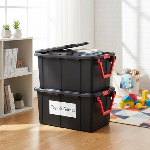 40 Gallon Extra Large Rolling Storage Bins 2-Pack, Black Heavy-Duty Plastic with Pivoting Handle & Leak-Resistant Lid, for Garage Warehouse Industrial Storage - Image 5