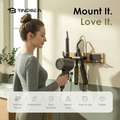 Tindbea Upgraded Cherry Wood Hair Dryer Holder Wall Mounted,3-in-1 Hair Tool Organizer for Blow Dryer, Curling iron, and Straightener, Blow Dryer Holder for Bathroom, Vanity, Matte Black - Image 2