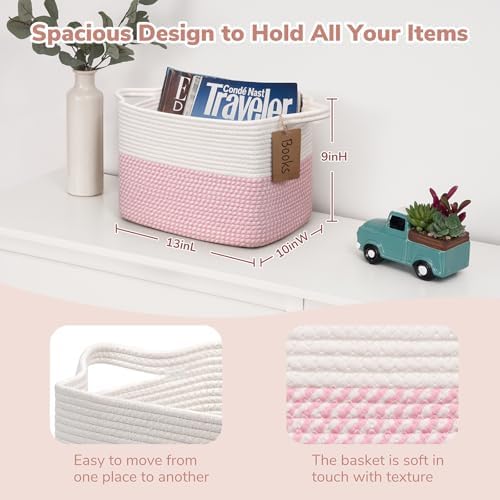 Goodpick Woven Rope Storage Basket for Shelves, Rectangle, Pink & White - Image 3
