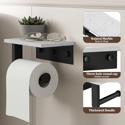 BWE Matte Black Toilet Paper Holder with Marble Shelf Wall Mounted - Image 6