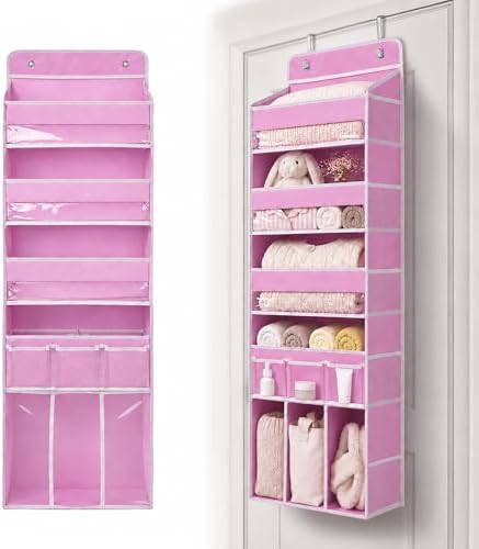 Door Hanging Storage Organizer with 3Bins1 Movable Baby Diaper Caddy,1Large capacity diaper stacking storage Organizer,10Side Pockets,Suitable to Store All Items,Bedroom Nursery Essentials. (Pink) - Image 3