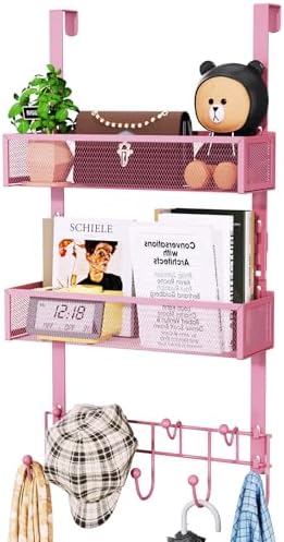 HapiRm Over The Door Hanger with Coat Hooks and 2 Baskets, Rustproof & Waterproof Pink Over The Door Hooks, Storage Organizer for Hats, Bathroom, Kitchen, Bedroom - Pink by HapiRm