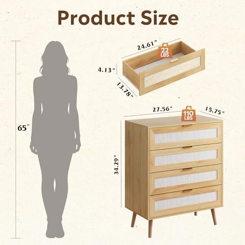 4-Drawer Rattan Tall TV Stand, Wooden TV Console - Image 3