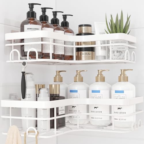 Sakugi Corner Shower Caddy - 2 Pack, Adhesive Shower Organizers, Rustproof Stainless Steel Shower Shelves with 8 Hooks, No Drilling Bathroom Organizers and Storage Racks, Space-Saving, White, X-Large by Sakugi