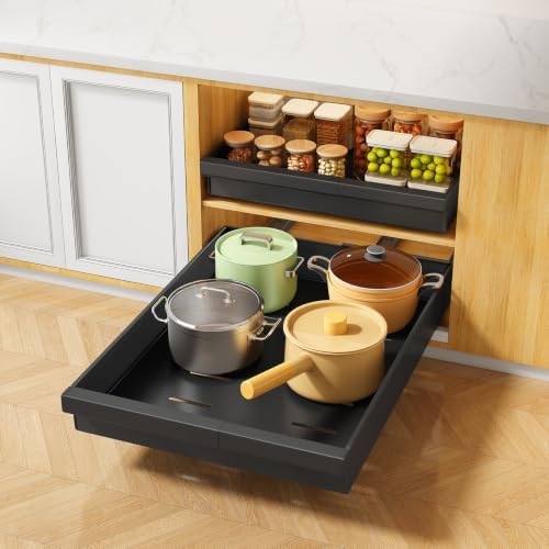 PXRACK Pull out Cabinet Organizer, 2-Pack Expandable(9"-14.2") Silde out Drawers with Raising Pad for Framed Cabinets, Adjustable Full-Extension for Kitchen Pantry Home Pot and Pan, Black by PXRACK