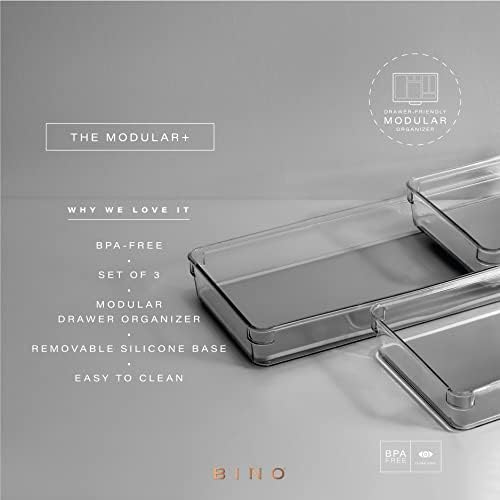 BINO | 3-Piece Drawer Organizer Bin Set - Grey, Large | THE MODULAR+ | Multi-Purpose Storage | Soft-Grip Lining and Non-Slip Rubber Feet | Durable | BPA-Free | Desk Drawer Organizer | Vanity Organizer - Image 2