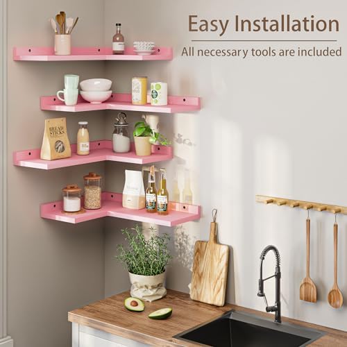 4 Tier Floating Corner Shelves Pink Set of 4, Rustic Pine Wooden Floating Corner Wall Shelf for Wall Décor Storage, L Shaped Corner Shelf Wall Mount for Bedroom, Living Room, Bathroom, Kitchen. - Image 3