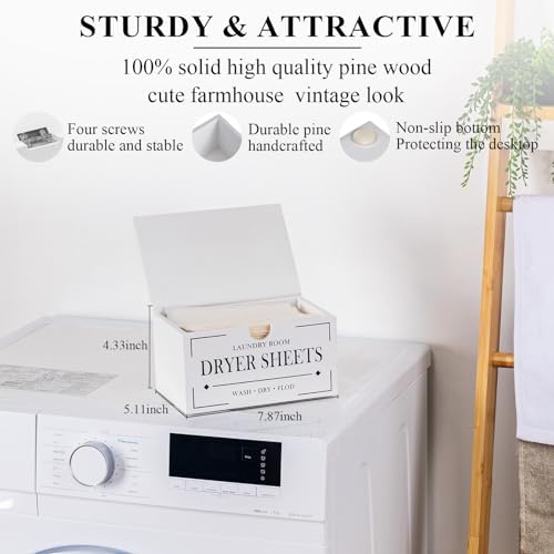 HouseJoy Dryer Sheet Holder-White Dryer Sheet Container with Lid,Rustic Farmhouse Wooden Dryer Sheet Dispenser for Fabric Softener Sheets,Laundry Room Decor Organization/Storage - Image 2