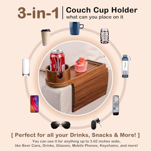 Couch Cup Holder for Armrests Over 4.9" Wide with 360° Phone Stand Acacia - Image 7