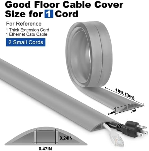 10FT Floor Cord Cover, Grey Cord Hider Floor, Durable Cord Covers for Wires on Floor, Cable Floor Cover Power Cord Cover, Floor Cord Protector Hide Cords on Floor Cord Cavity: 0.47" W x 0.24" H - Image 2