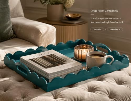 Gesodant Scalloped Glossy Plastic Lacquer Decorative Tray, 15.7 x 11.8 Inch Rectangle Serving Tray with Handles for Coffee Table, Ottoman, Bedroom Vanity, Living Room Centerpiece (Teal Blue) - Image 2
