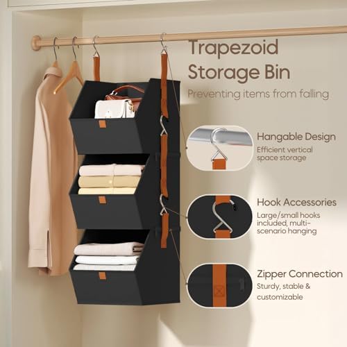 Homsorout Collapsible Hanging Closet Organizer - 3 Tier Closet Shelves Storage System with Hooks, Fabric Hanging Storage Bins for Clothes, Foldable Storage Basket for Laundry, Bedroom, Rv, Black - Image 3