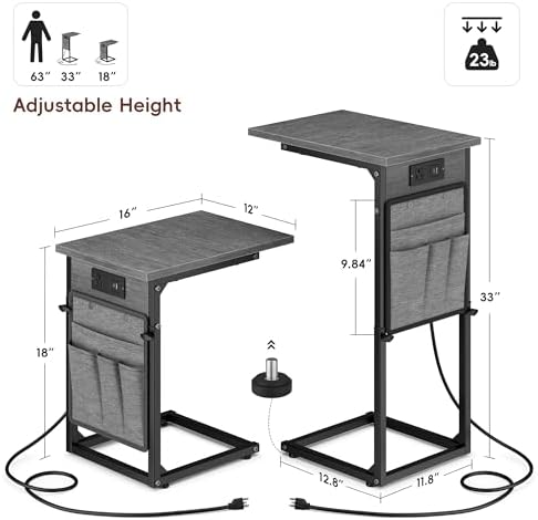 Vagusicc C Shaped End Table with Charging Station, C Table End Table Adjustable Height, Small Side Table for Couch, Sofa Table Slide Under Couch TV Tray Arm Table for Living Room, Bedroom, Gray Walnut - Image 2