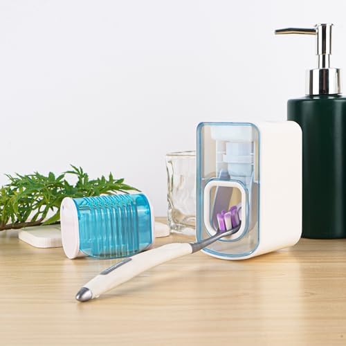 2 Slots Wall Mount Toothbrush Holder with Cover, Self Adhesive Toothbrush Storage Organizer for Shower, Toothbrush Hanger with Automatic Toothpaste Squeezer Dispenser(Blue) - Image 4