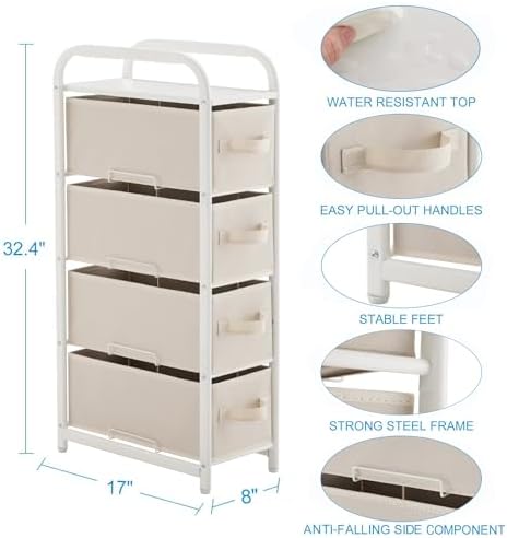 MAX Houser 4 Drawer Narrow Dresser Fabric Storage Tower Vertical Slim Storage Chest Organizer Nightstand Side/End Table Small Standing Organizer Removable Drawers Wood Top for Bedroom, Bathroom(Beige) - Image 3