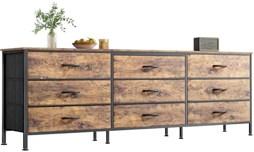 Huuger 63 Inch Dresser for Bedroom, Dresser for Closet with 9 Fabric Drawers, Large TV Stand for 55, 65, 70 Inch TV, Entertainment Center with Storage, Wide Long Chest of Drawers, Rustic Brown by Huuger
