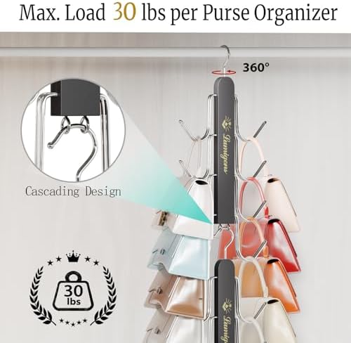 Purse Hanger, 2 Pack Purse Organizer for Closet with 16 Hooks for Heavy Bags, Sturdy Bag Storage, Rotatable Handbag Holder, Purse Rack Space Saving Backpack Hanging Closet Organizer Hangers, Black - Image 4